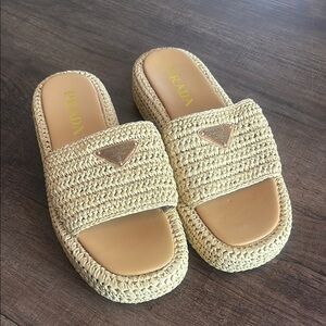 Prada Cream Platform Sandals with Woven Detail